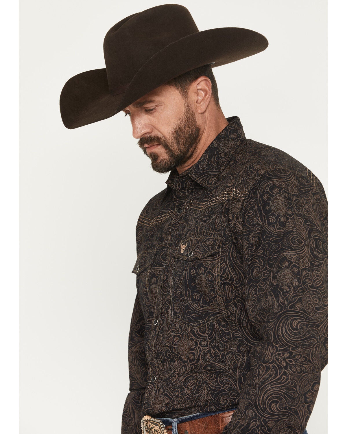 Image #2 - Cowboy Hardware Men's Tooled Floral Print Long Sleeve Snap Stretch Western Shirt, Dark Brown, hi-res