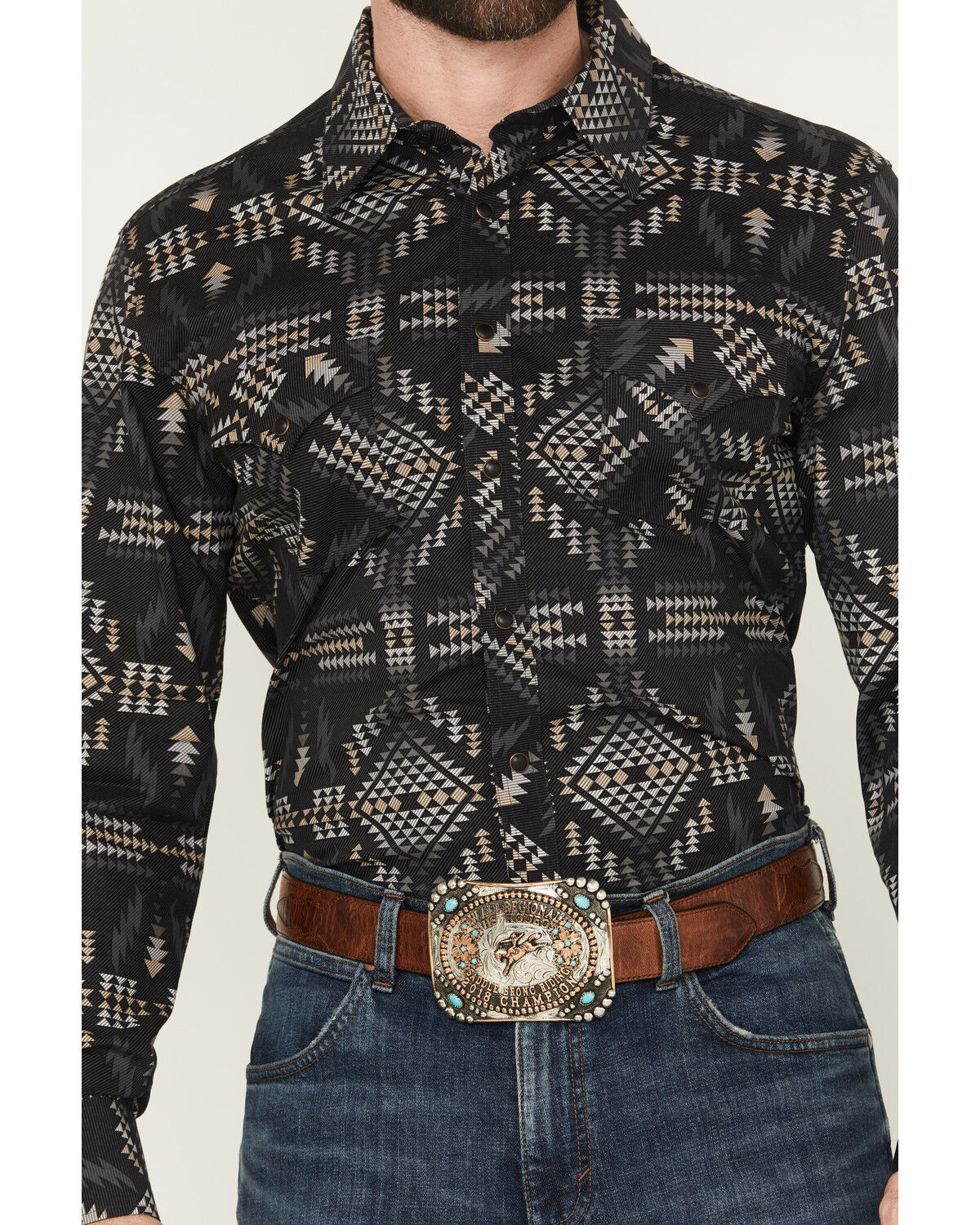 Image #3 - Rock & Roll Denim Men's Southwestern Print Long Sleeve Snap Stretch Western Shirt, Black, hi-res
