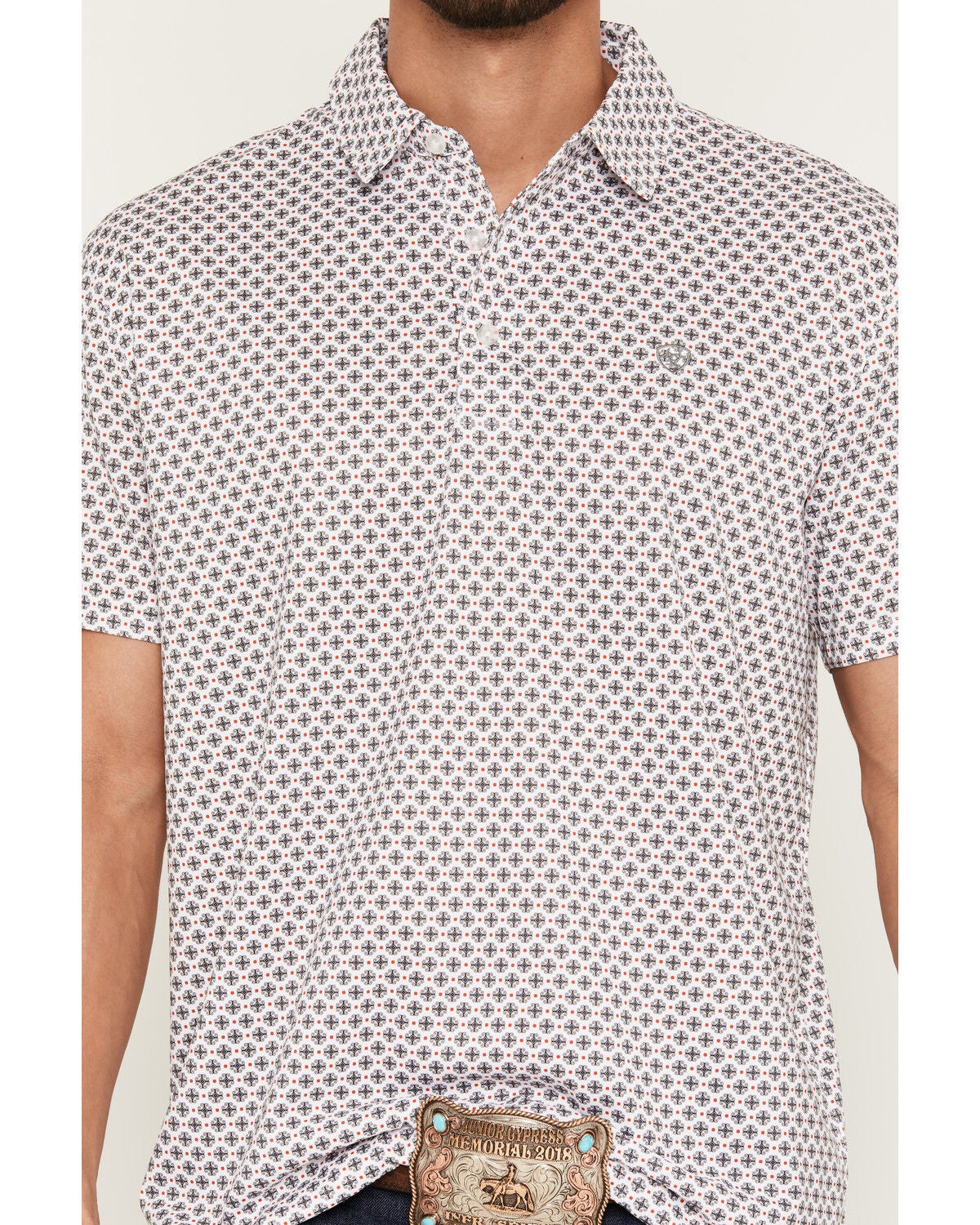 Image #3 - Ariat Men's All Over Medallion Print Classic Fit Short Sleeve Button-Down Polo Shirt, White, hi-res