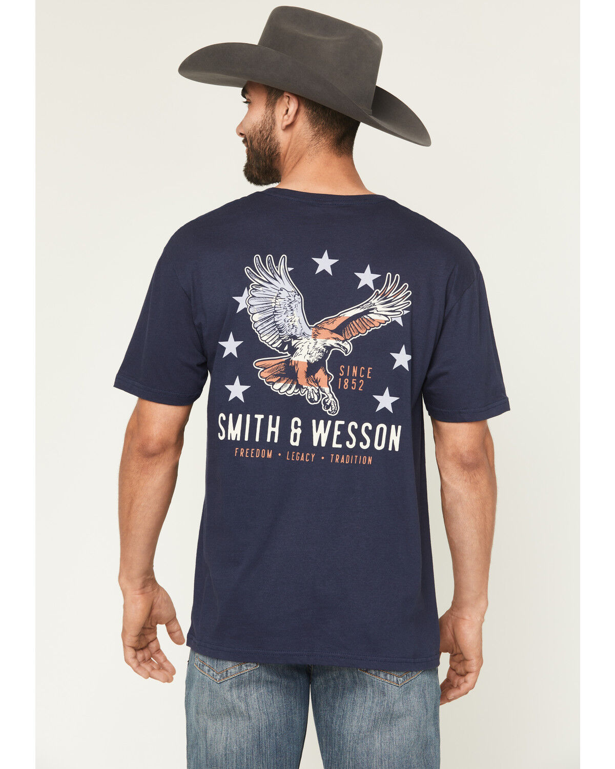 Image #4 - Smith & Wesson Men's Boot Barn Exclusive Eagle Short Sleeve Graphic T-Shirt, Navy, hi-res