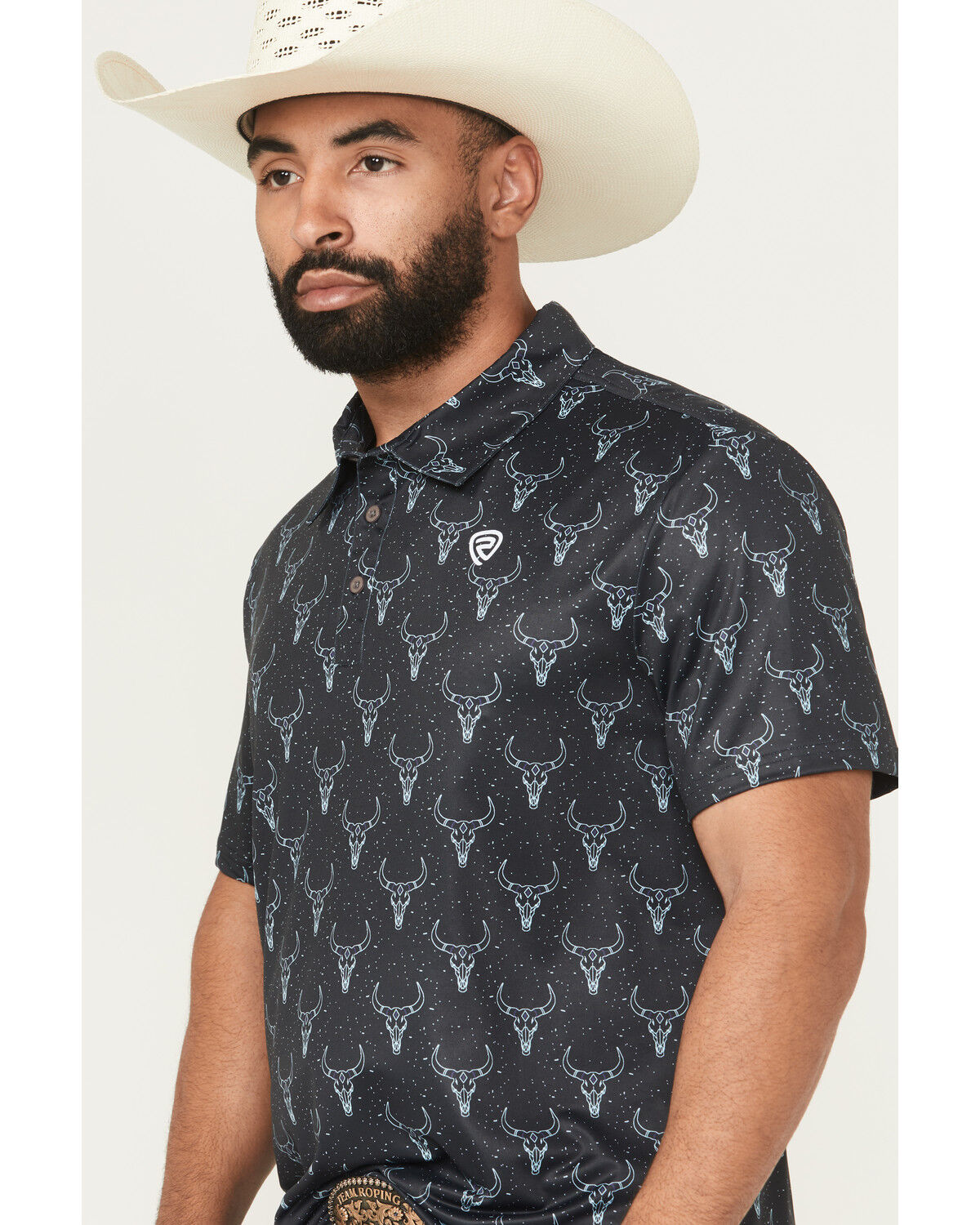 Image #2 - Rock & Roll Denim Men's Longhorn Print Short Sleeve Button-Down Stretch Polo Shirt, Black, hi-res