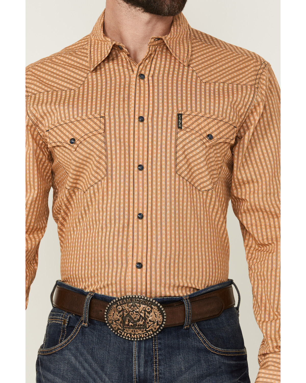 Image #3 - Cinch Men's Geo Striped Print Long Sleeve Snap Western Shirt, Gold, hi-res
