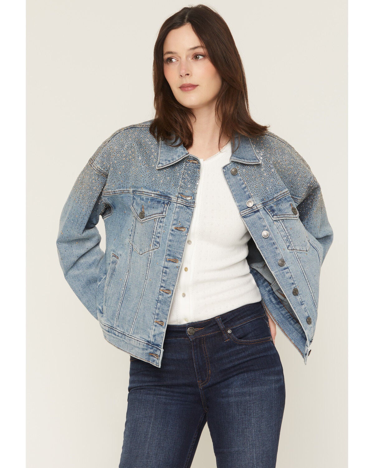 Shyanne Women's Gale Embellished Oversized Denim Jacket, Medium Wash, hi-res