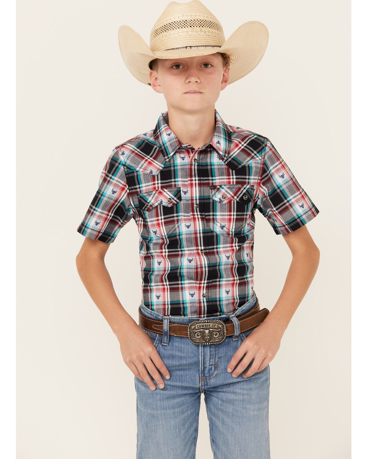 Image #1 - Cody James Boys' Steerhead Plaid Print Short Sleeve Snap Western Shirt, Navy, hi-res
