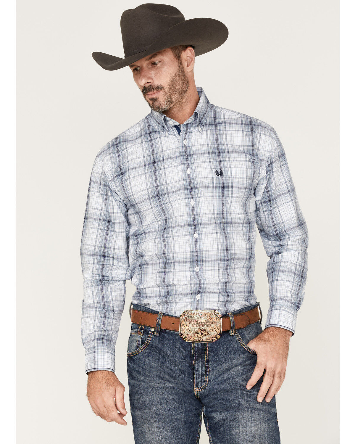 Image #1 - Rough Stock by Panhandle Men's Dobby Plaid Print Long Sleeve Button Down Shirt, Navy, hi-res