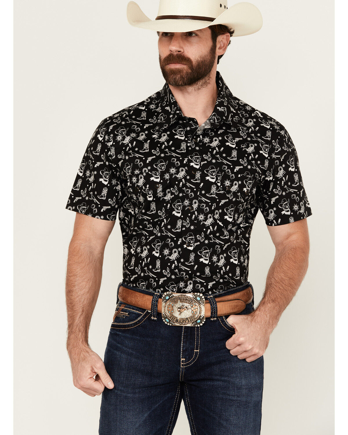 Image #1 - Rock & Roll Denim Men's Tattoo Print Short Sleeve Pearl Snap Stretch Western Shirt, Black, hi-res