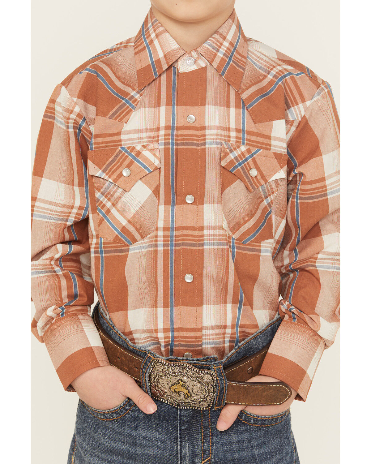 Image #3 - Ely Walker Boys' Plaid Print Long Sleeve Snap Western Shirt, Orange, hi-res