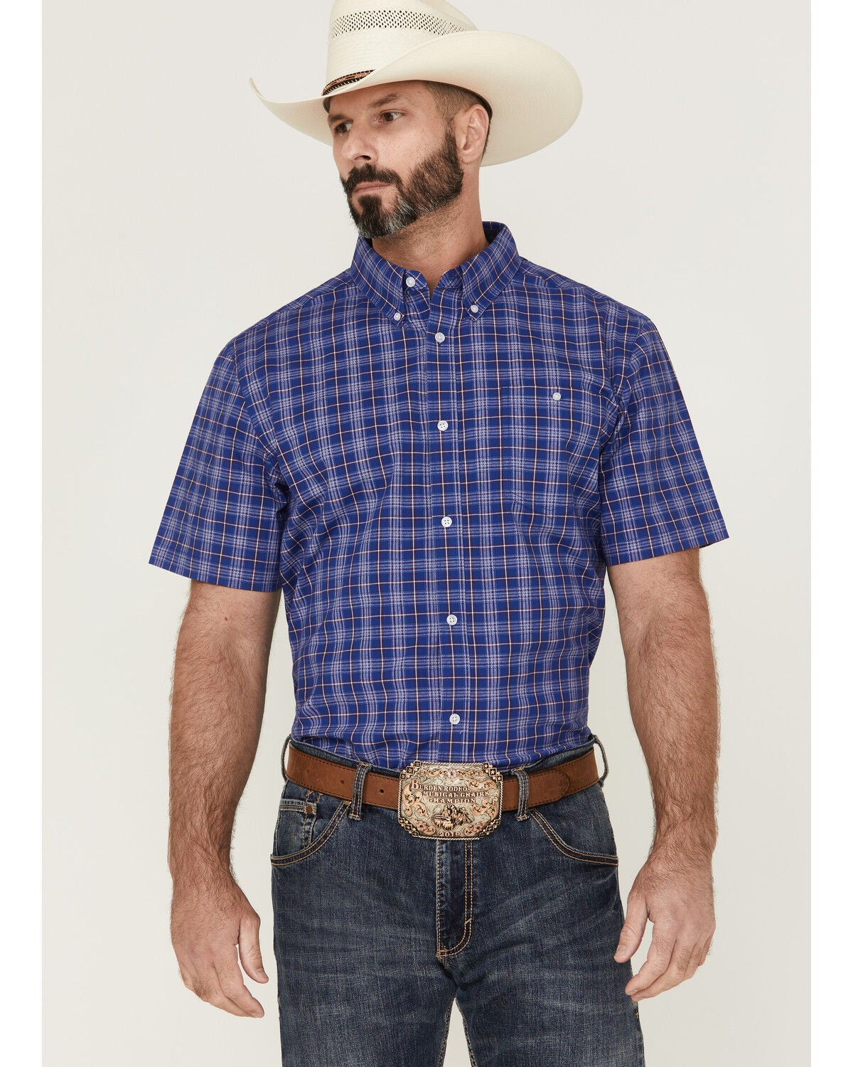 RANK 45&reg; Men's Charge Small Plaid Print Button-Down Western Shirt, Blue, hi-res