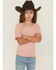Image #1 - Fornia Girls' Solid Lettuce Edge Short Sleeve Top, Pink, hi-res