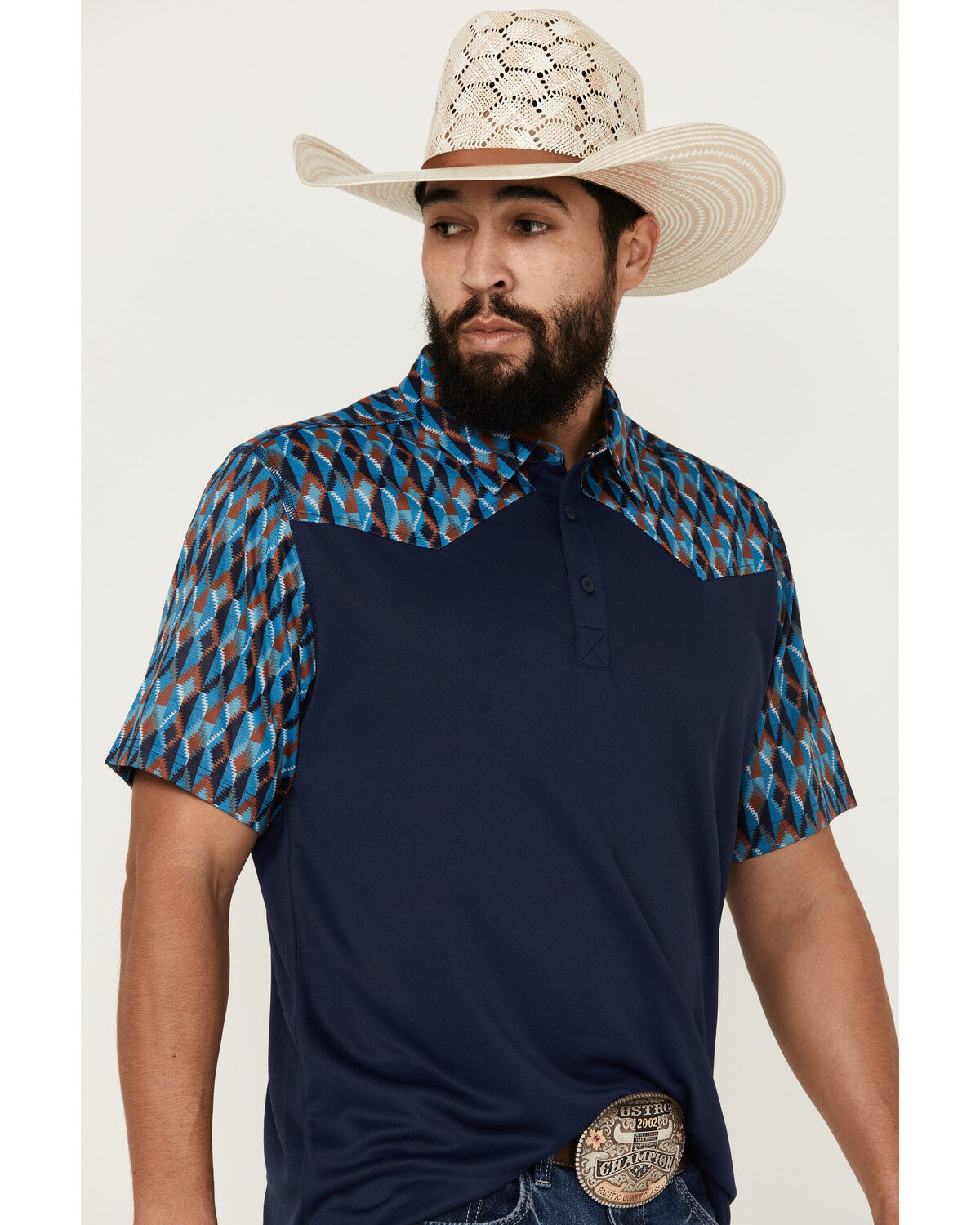 Image #2 - RANK 45® Men's Denton Color Block Short Sleeve Button-Down Polo Shirt, Dark Blue, hi-res
