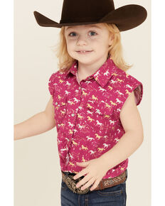 Shyanne Toddler Girls' Fuchisa Horse Print Tie-Front Sleeveless Western Shirt , Fuscia, hi-res