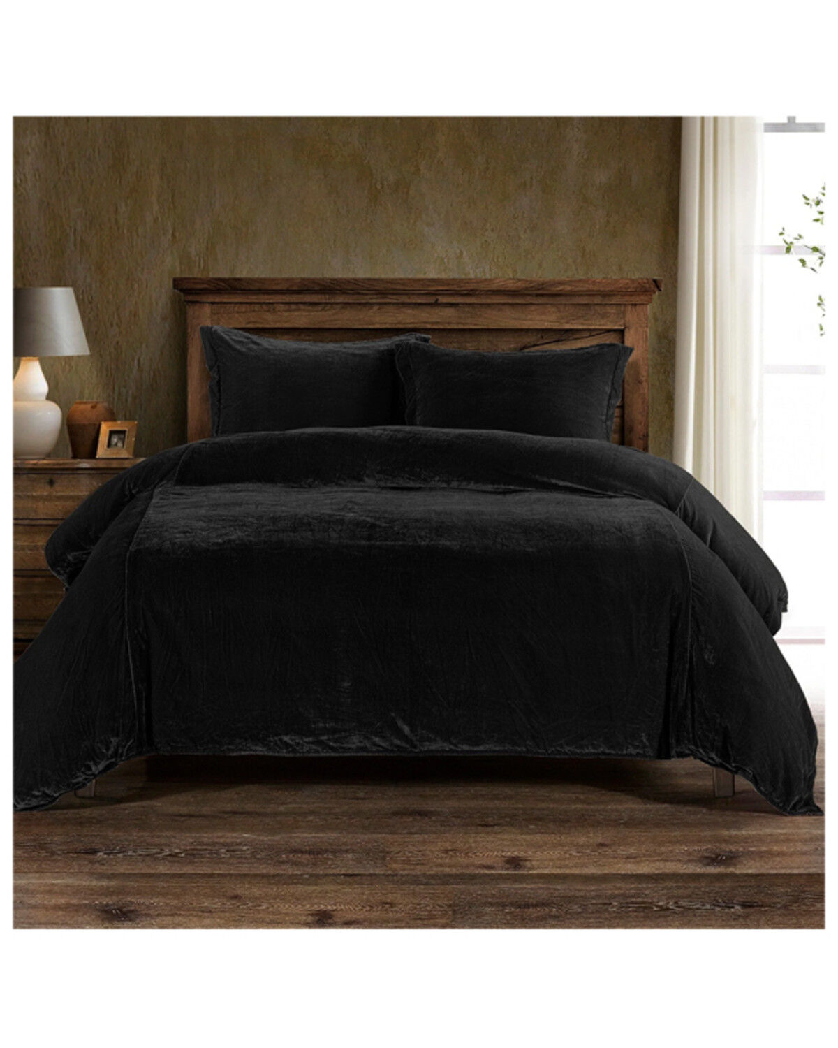 Image #1 - HiEnd Accents Black Stella Faux Silk & Velvet Super King 3-Piece Duvet Cover Set, Black, hi-res