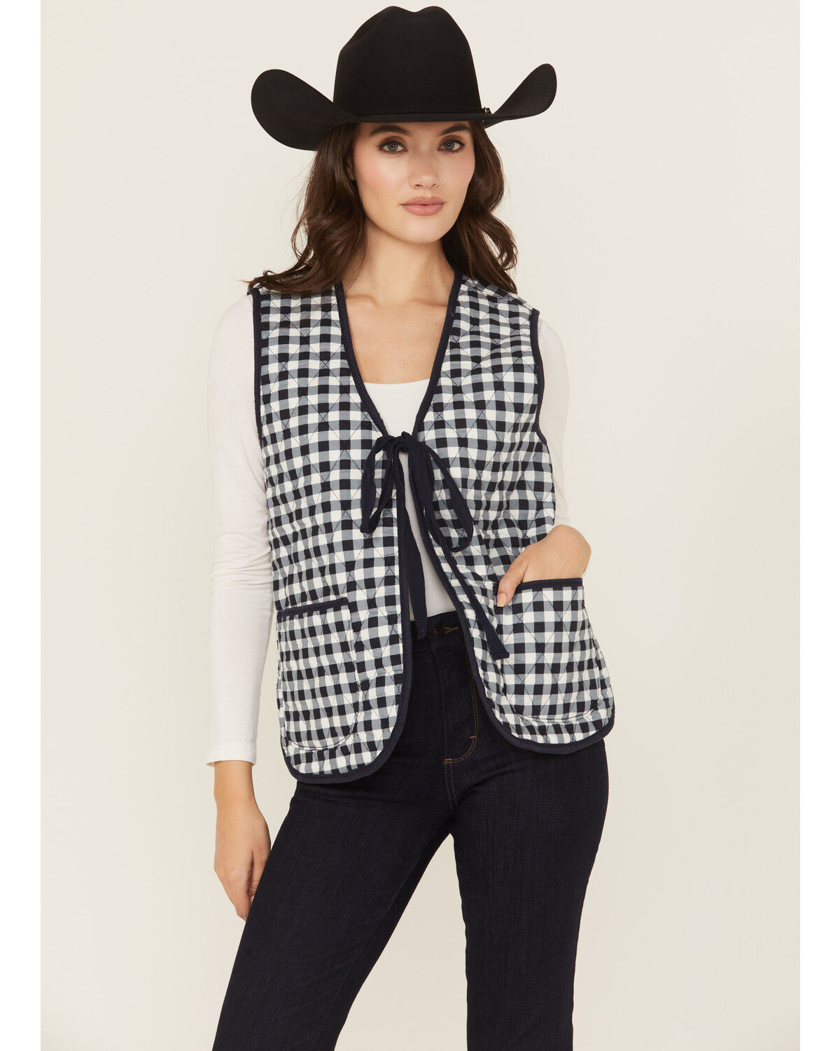 Image #1 - Free People Women's Claudine Gingham Tie Front Vest, Navy, hi-res