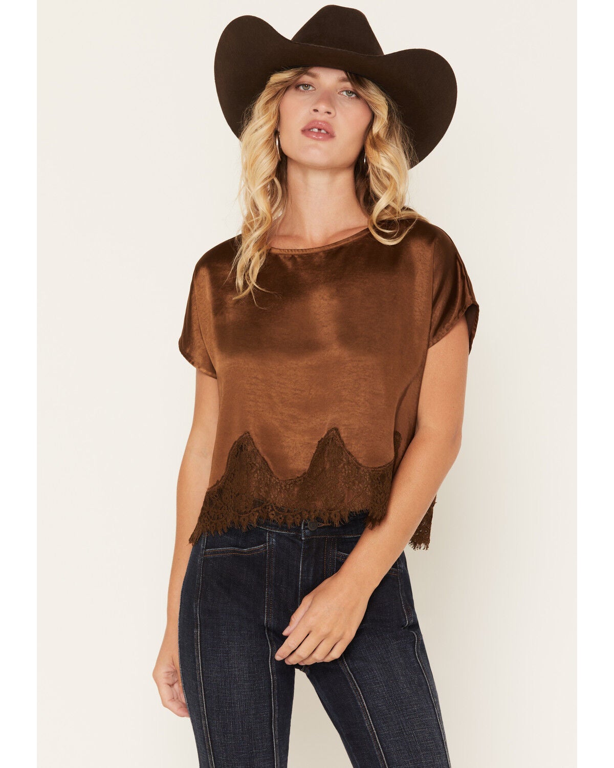 By Together Women's Solid Satin Lace Trim Short Sleeve Shirt, Brown, hi-res