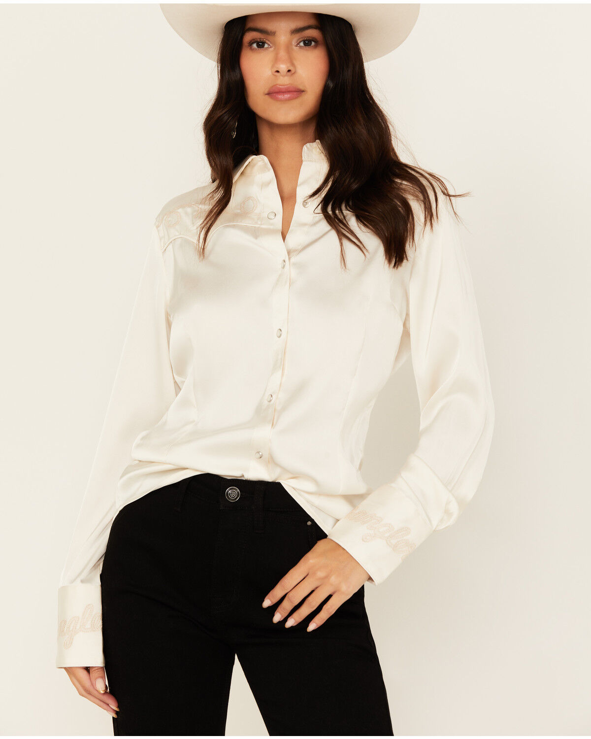 Image #1 - Wrangler Women's Star Embroidered Long Sleeve Snap Western Shirt, White, hi-res