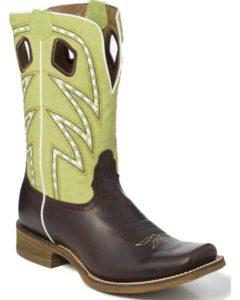 Nocona Men's Two Tone Saddle Stitch Cowboy Boots - Square Toe, Dark Brown, hi-res