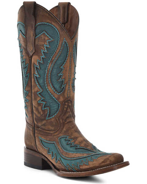 Corral Women's Inlay Embroidered Western Boots - Square Toe , Brown, hi-res