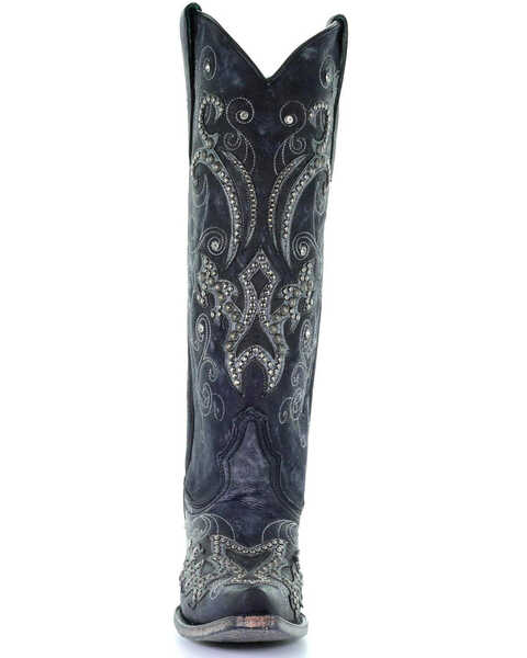 Image #5 - Corral Women's Tall Studded Overlay & Crystals Western Boots - Snip Toe, Black, hi-res