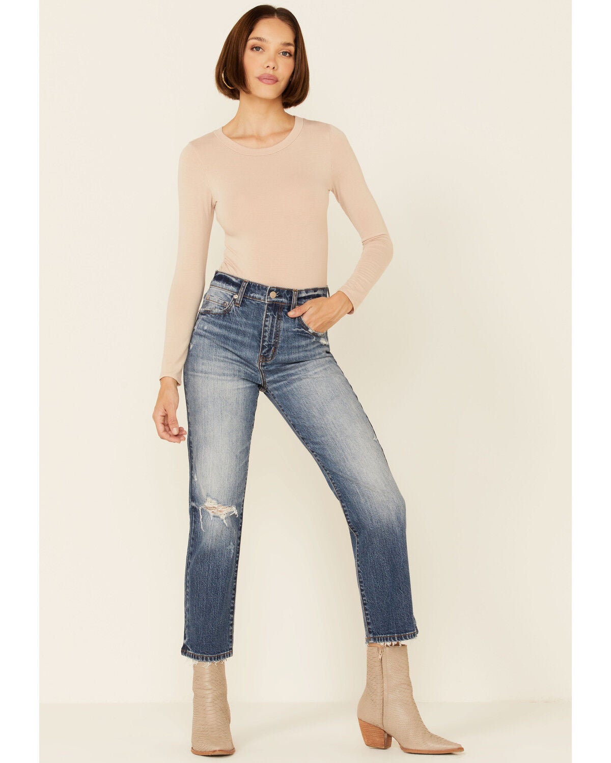 Daze Women's Medium Wash Slim Straight Leg Ankle Jeans, Medium Blue, hi-res