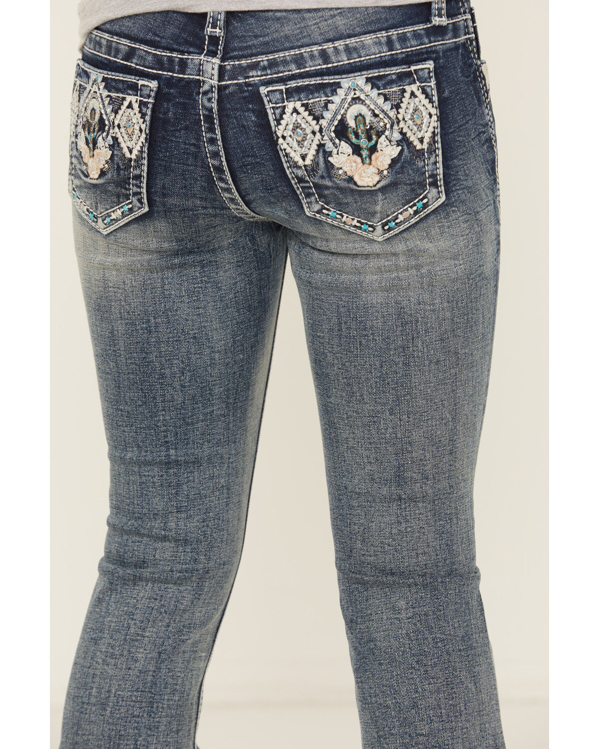 Image #2 - Grace In LA Girls' Chevron Cactus Embroidered Bootcut Stretch Denim Jeans, Blue, hi-res