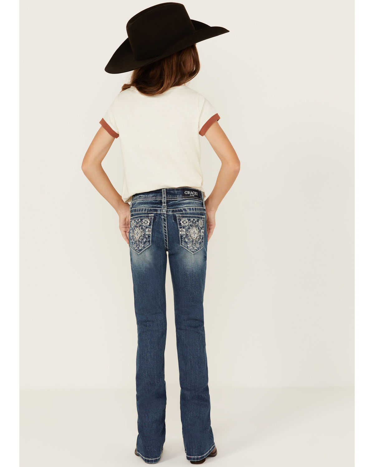 Image #1 - Grace in LA Girls' Dark Wash Geo Print Pocket Stretch Bootcut Jeans, Medium Wash, hi-res