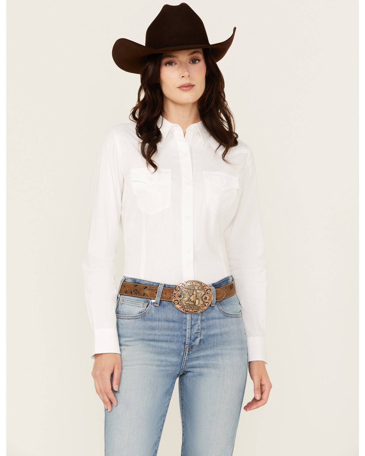 Image #1 - Wrangler Retro Women's Solid Long Sleeve Button-Down Stretch Western Shirt, White, hi-res