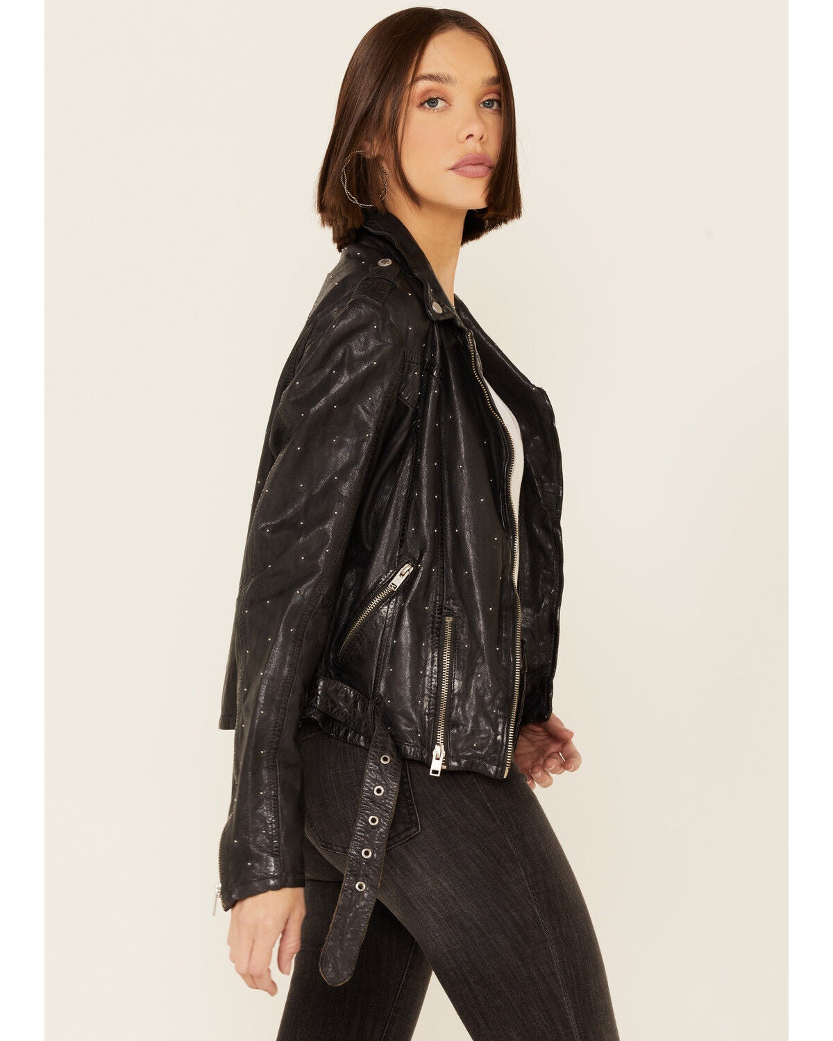 Image #4 - Mauritius Leather Women's Grey Saddy Studded Leather Moto Jacket , , hi-res