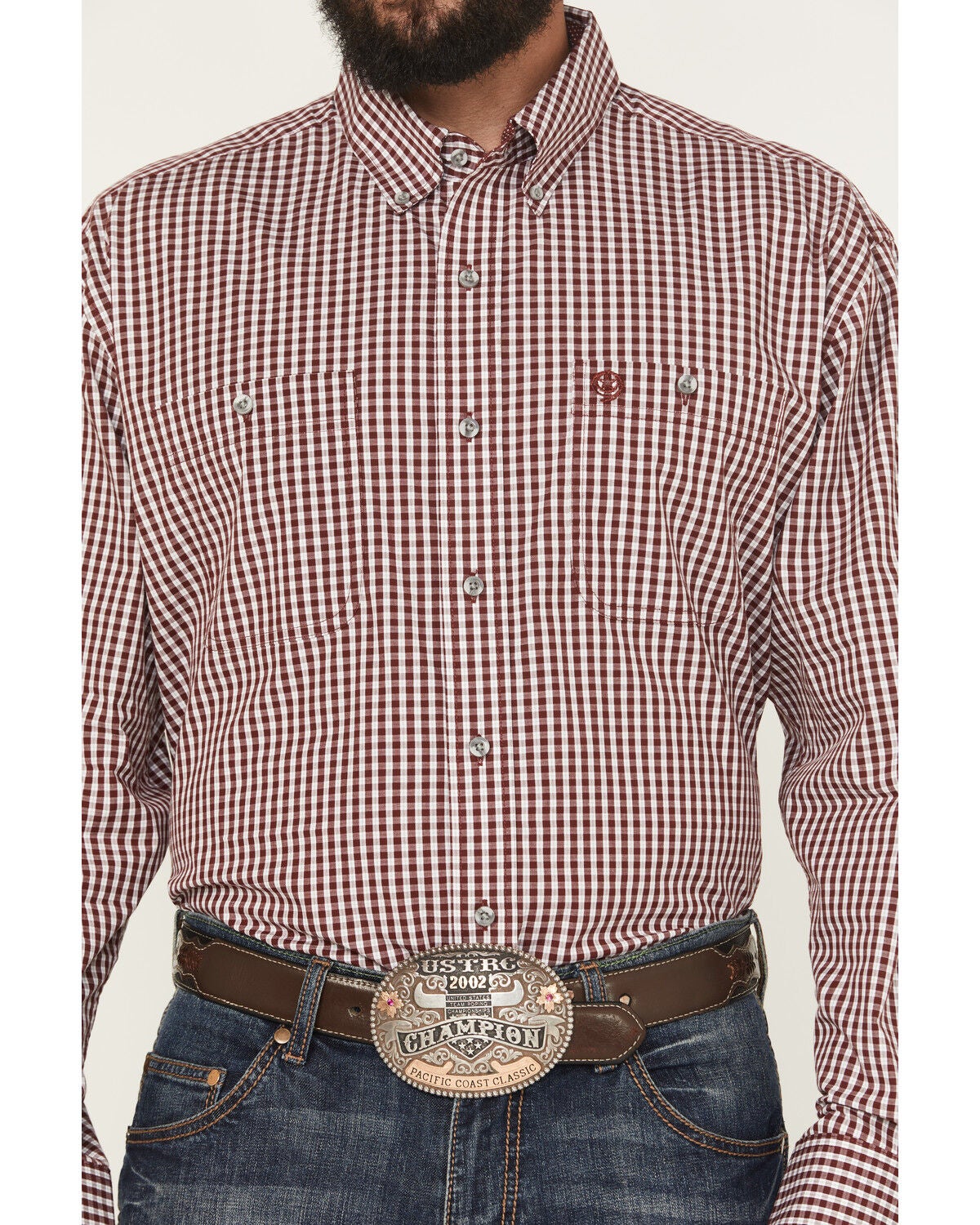 Image #3 - George Strait Wrangler Men's Checkered Long Sleeve Button-Down Stretch Western Shirt, Wine, hi-res