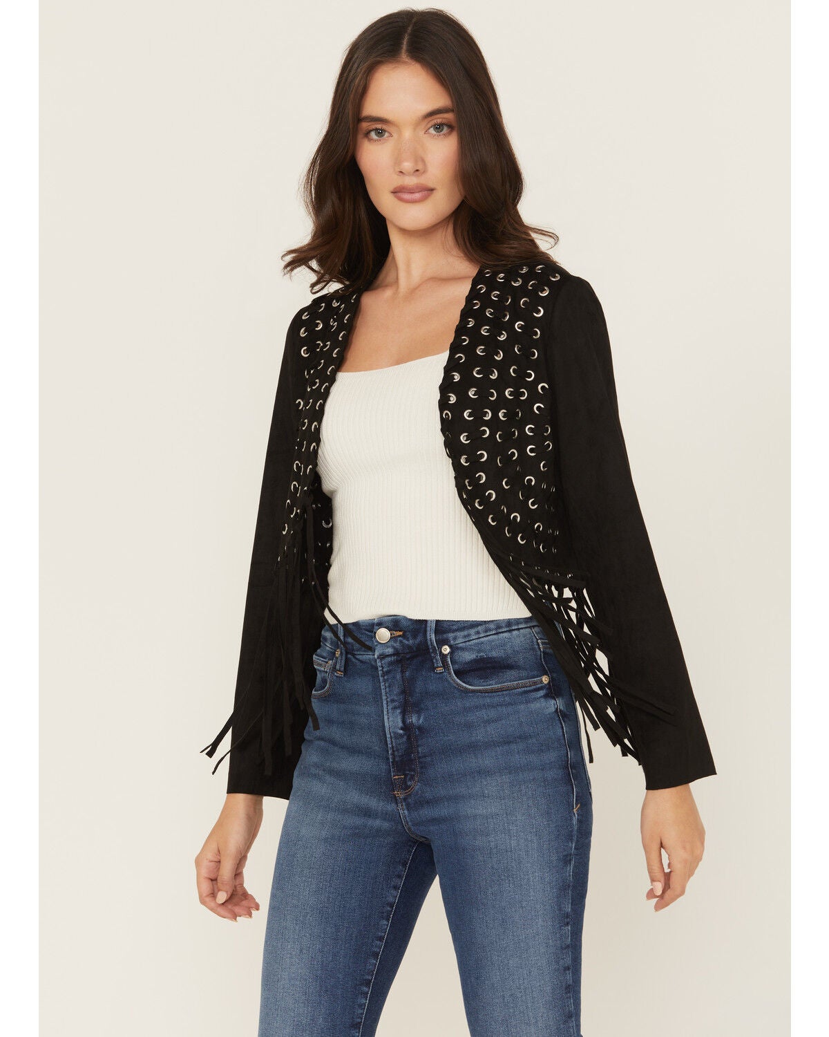 Vocal Women's Fringe Cropped Jacket, Black, hi-res