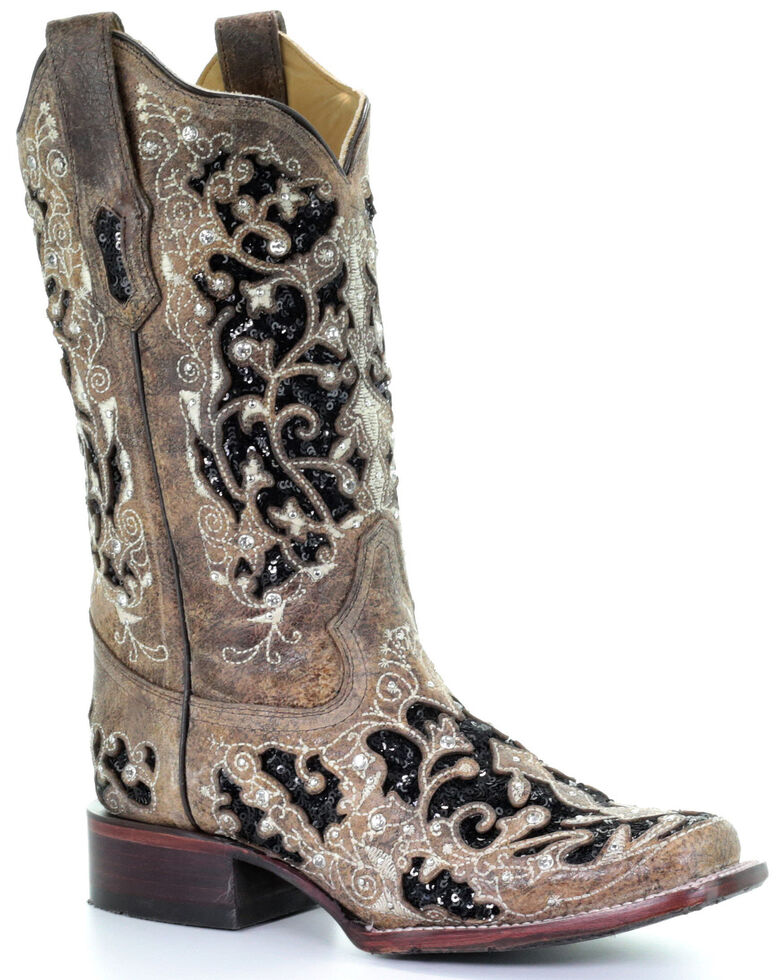Corral Women's Black Sequin Inlay Western Boots - Square Toe, Brown, hi-res