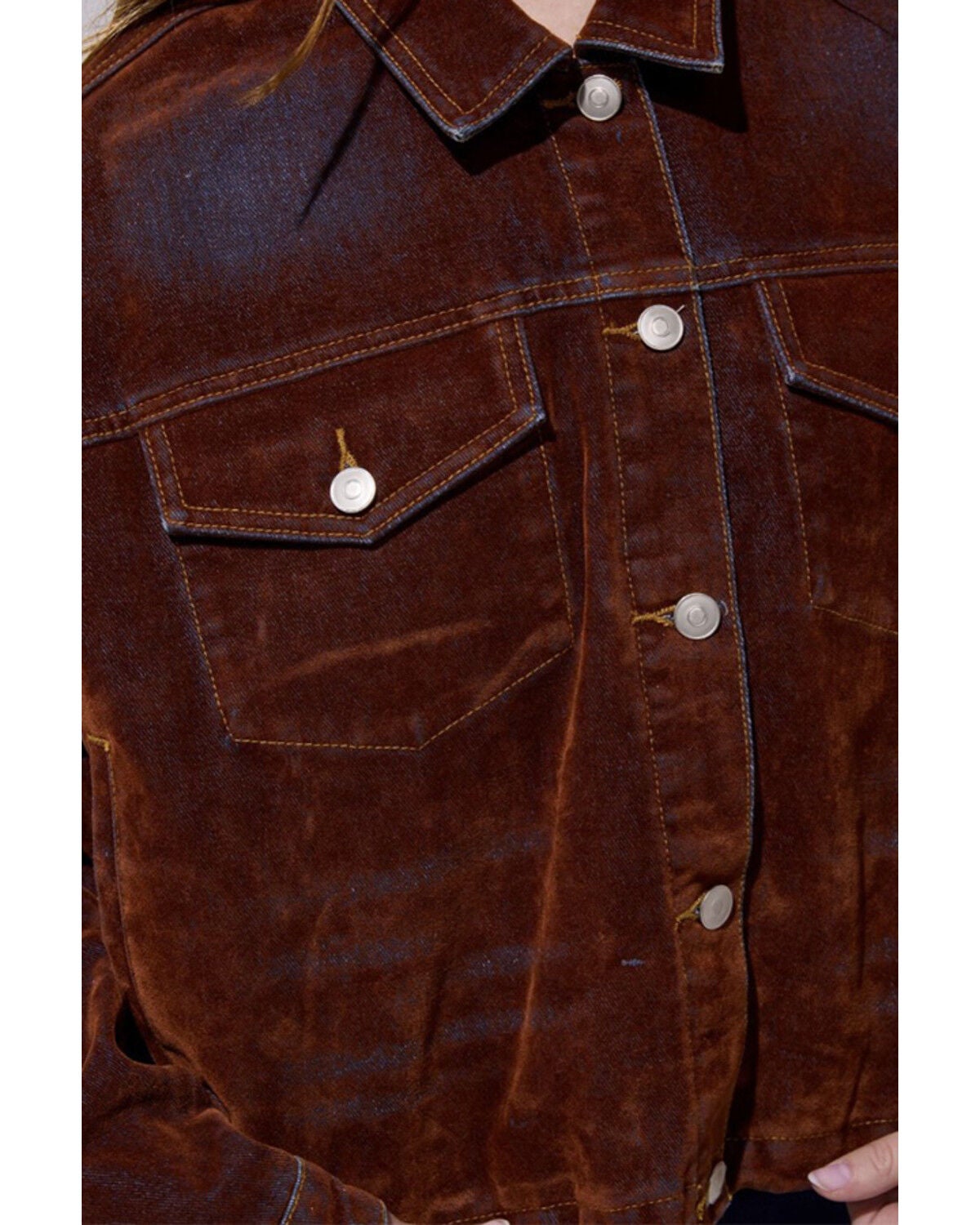 Image #4 - Azalea Wang Women's Velvet Button-Down Denim Jacket, Orange, hi-res