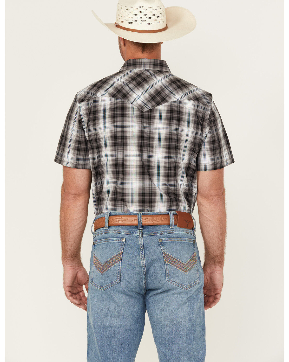 Image #4 - Pendleton Men's Boot Barn Exclusive Frontier Plaid Print Short Sleeve Snap Western Shirt, Grey, hi-res