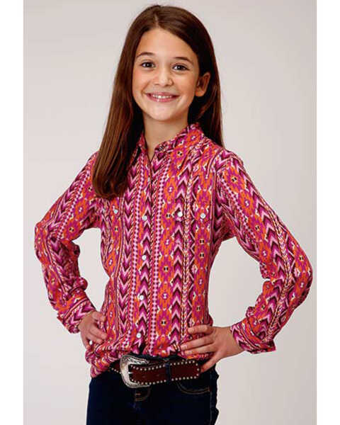 Roper Girls' Long Sleeve Pink Southwestern Print Snap Shirt , Multi, hi-res