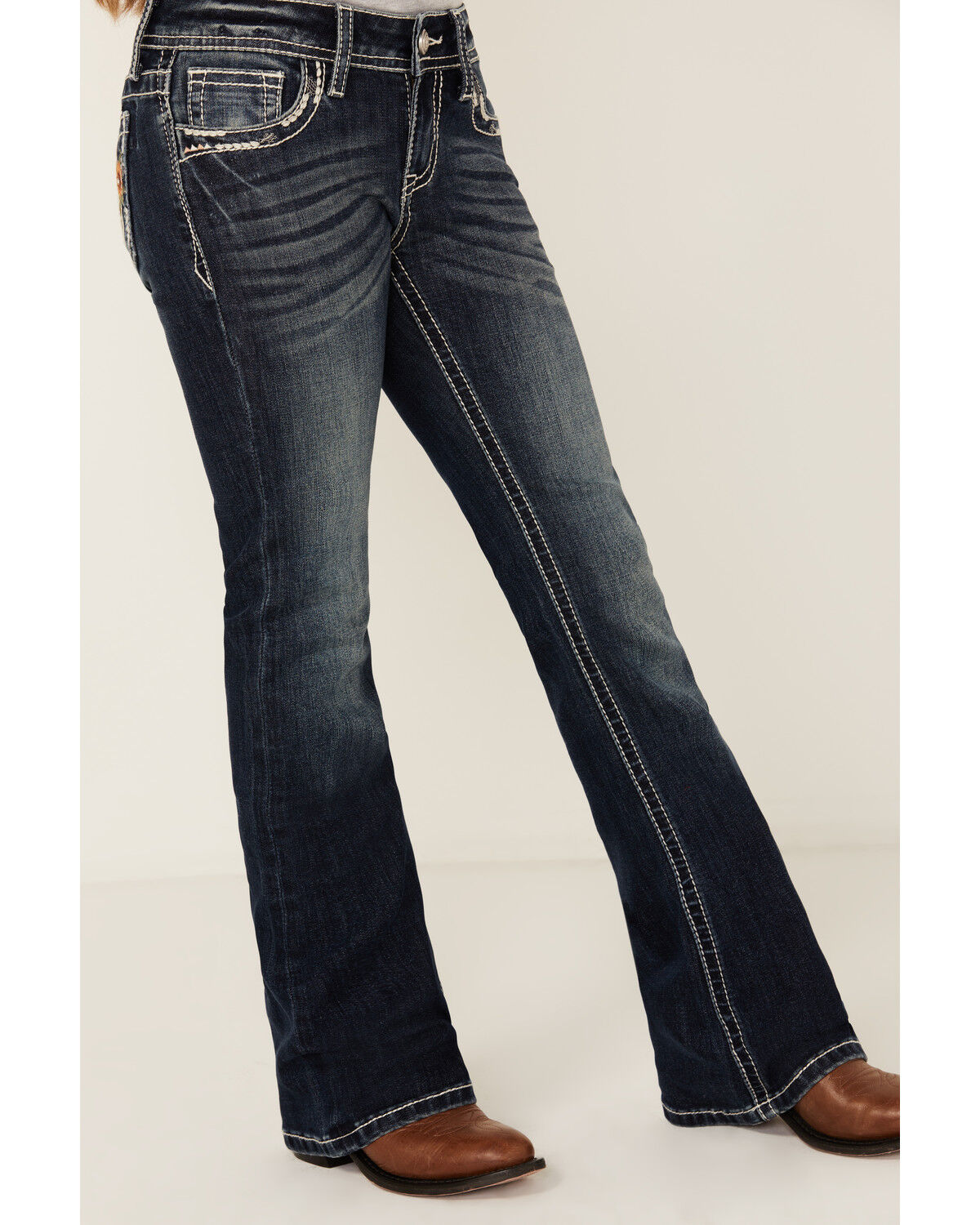 Image #4 - Grace in LA Girls' Dark Wash Horseshoe Flower Pocket Bootcut Stretch Denim Jeans, Dark Wash, hi-res