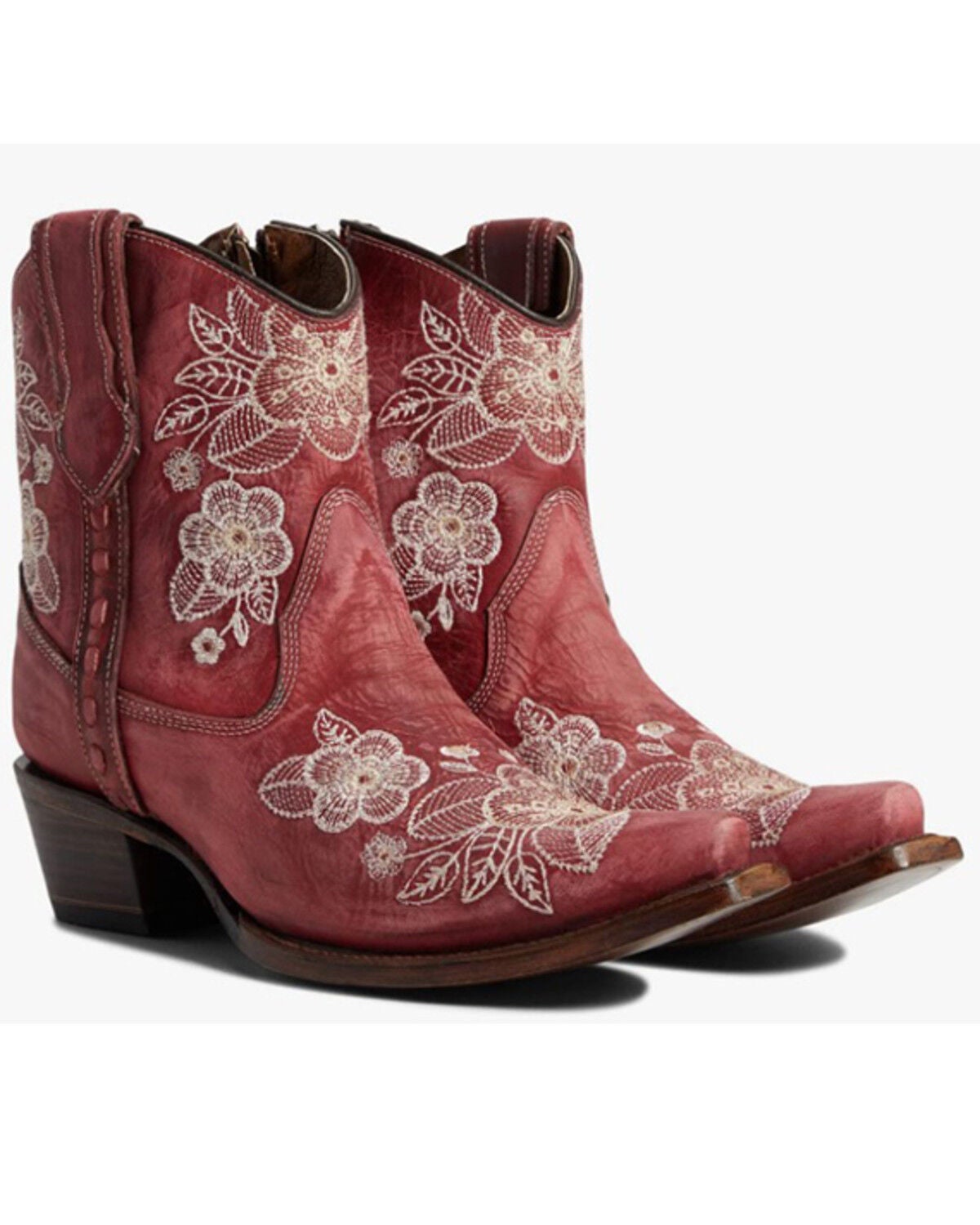 Circle G Women's Flowered Embroidery Ankle Western Booties - Snip Toe, Red/brown, hi-res