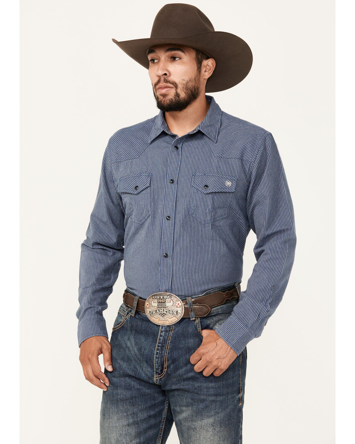 Image #1 - Blue Ranchwear Men's Somerville Herringbone Striped Print Long Sleeve Snap Work Shirt, Navy, hi-res