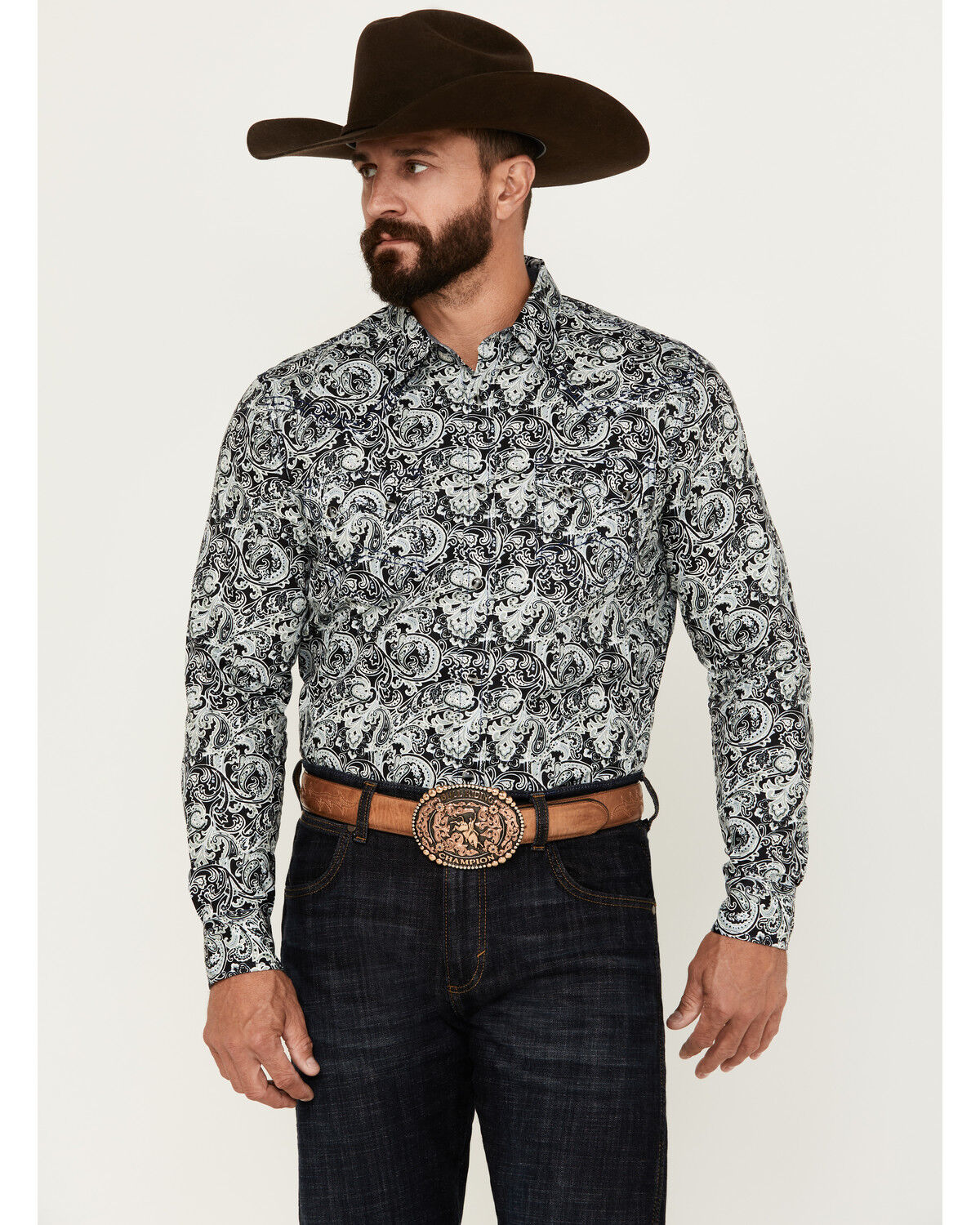 Image #1 - Cody James Men's Showdown Paisley Print Long Sleeve Snap Western Shirt - Tall, Navy, hi-res