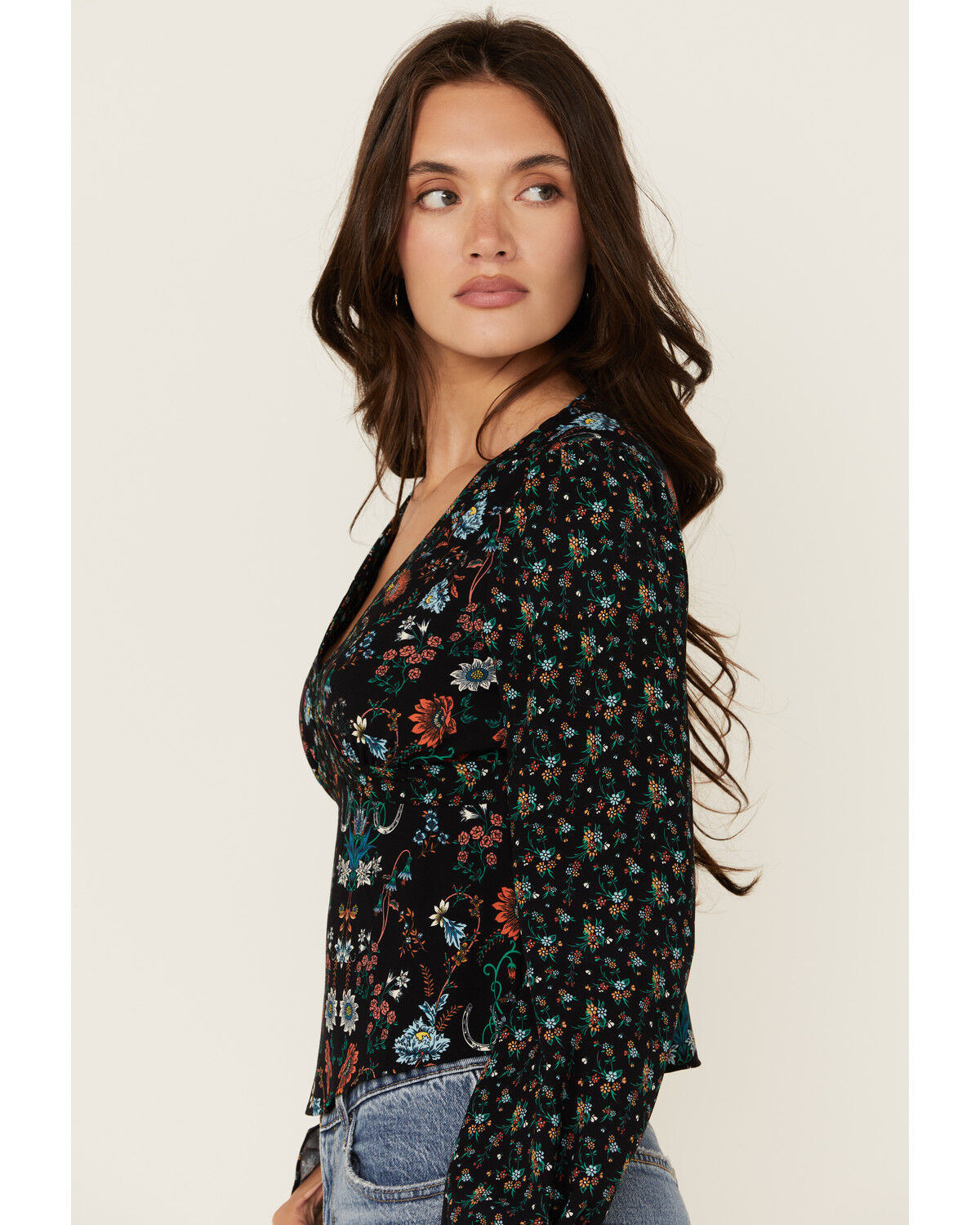 Image #2 - Rock & Roll Denim Women's Floral Print Long Sleeve Shirt, Black, hi-res
