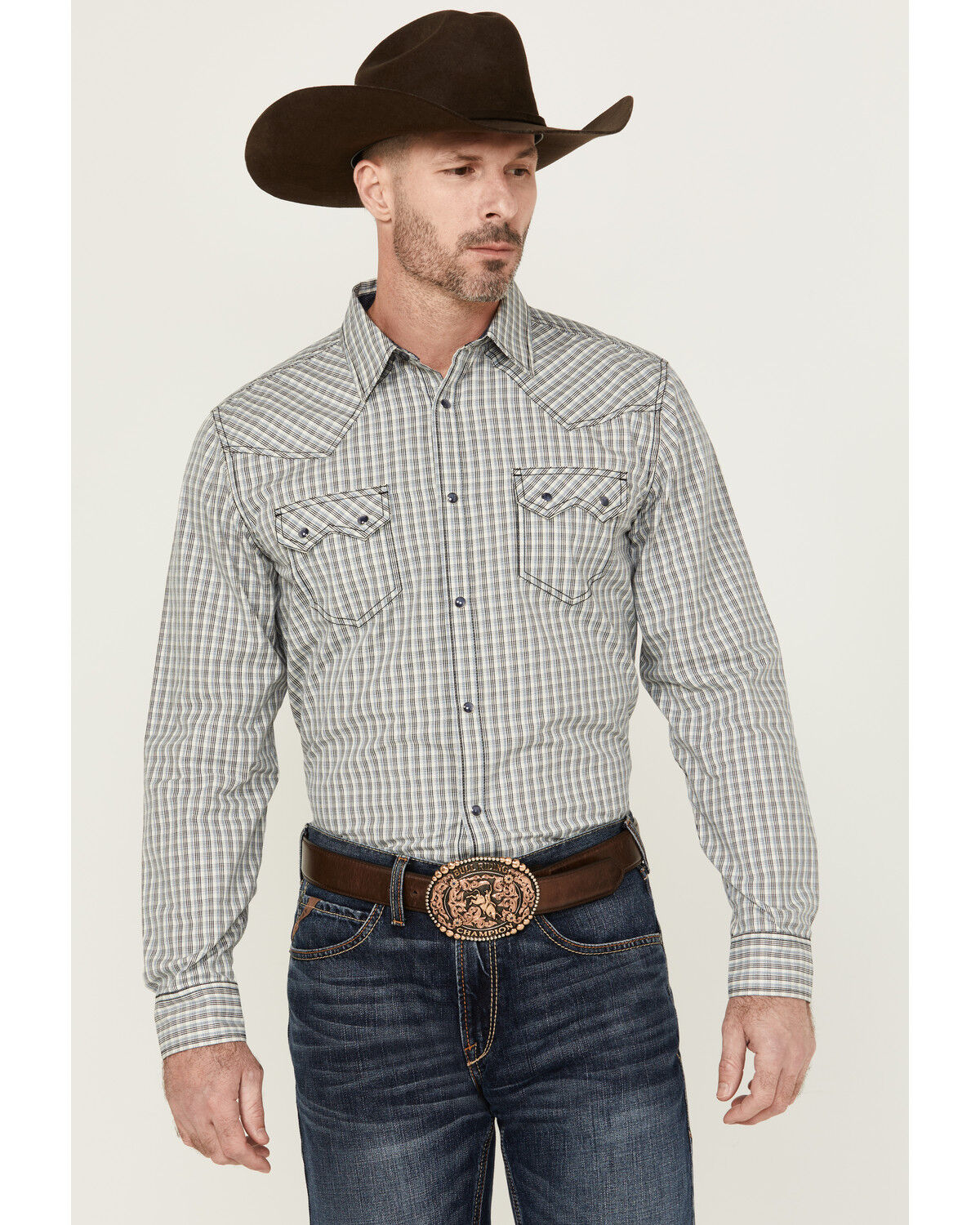 Image #1 - Cody James Men's Seeker Plaid Print Long Sleeve Snap Western Shirt, Light Blue, hi-res