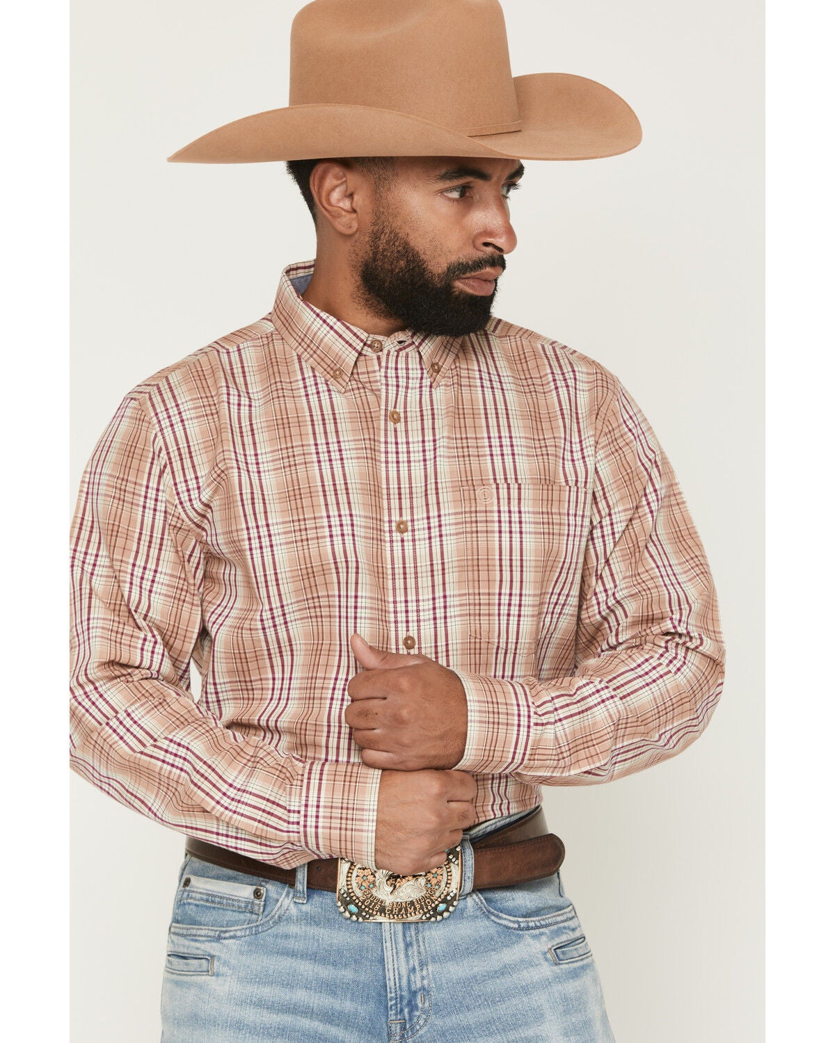 Cody James Men's Bodie Plaid Print Long Sleeve Button-Down Stretch Western Shirt, Tan, hi-res