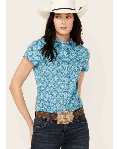 Roper Women's Turquoise Lake Geo Print Short Sleeve Snap Western Shirt , Blue, hi-res