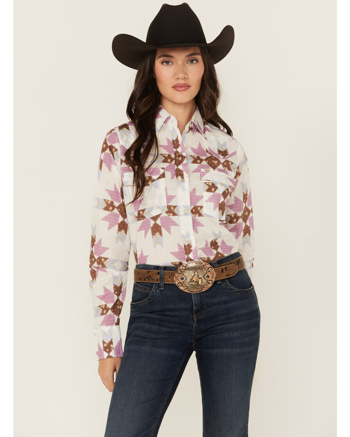 Image #2 - Cowboygirl by Jenna Paulette Women's Patchwork Print Long Sleeve Pearl Snap Western Shirt, Lavender, hi-res