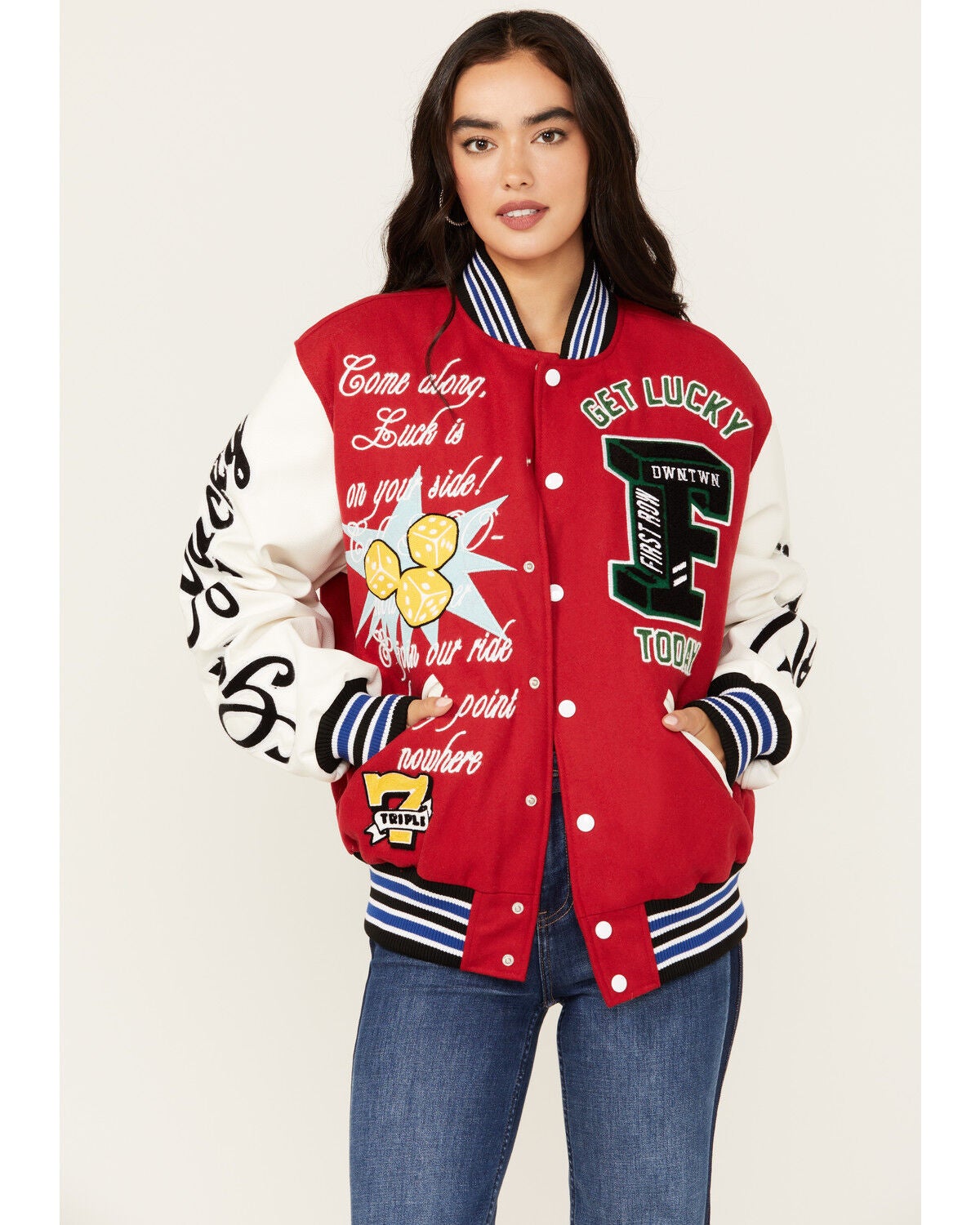 First Row Women's Road To Fortune Varsity Jacket, Red, hi-res