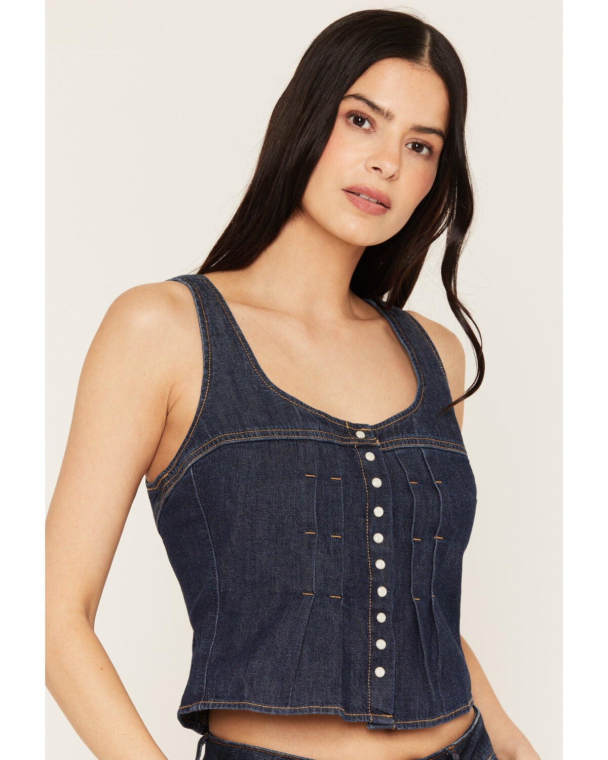 Image #2 - Wrangler Women's Dark Wash Pleated Sleeve Snap Denim Tank Top, Dark Wash, hi-res