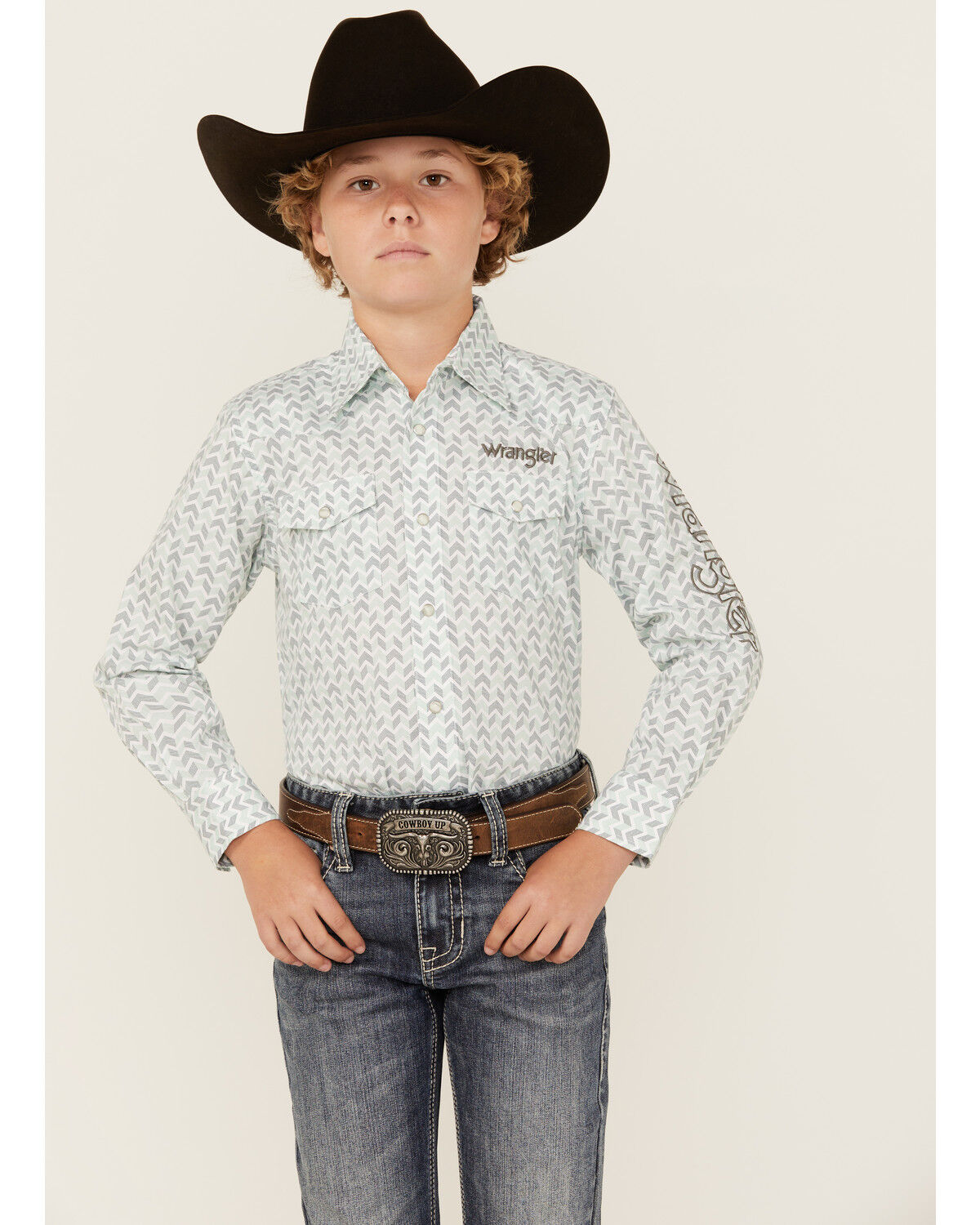 Image #1 - Wrangler Boys' Geo Print Logo Long Sleeve Pearl Snap Western Shirt, Aqua, hi-res