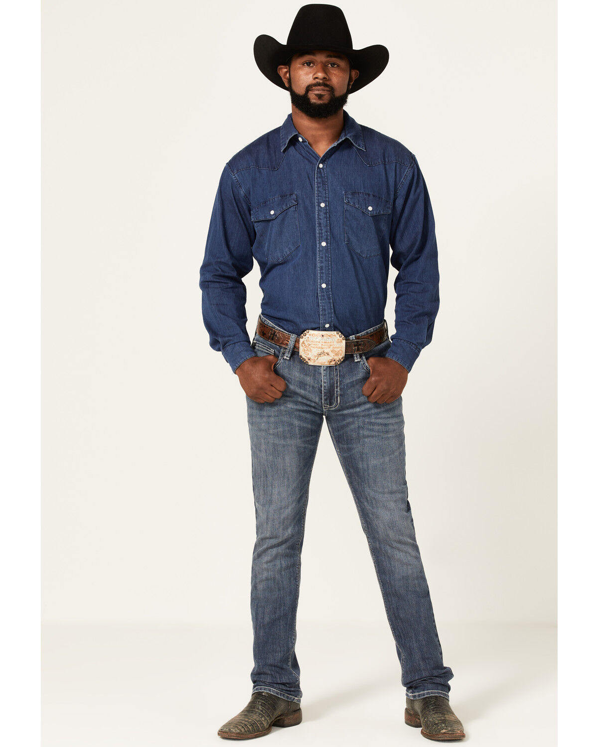 Image #1 - Rock & Roll Denim Men's Rifle Medium Wash Leather Pocket Stretch Straight Skinny Jeans, Medium Wash, hi-res