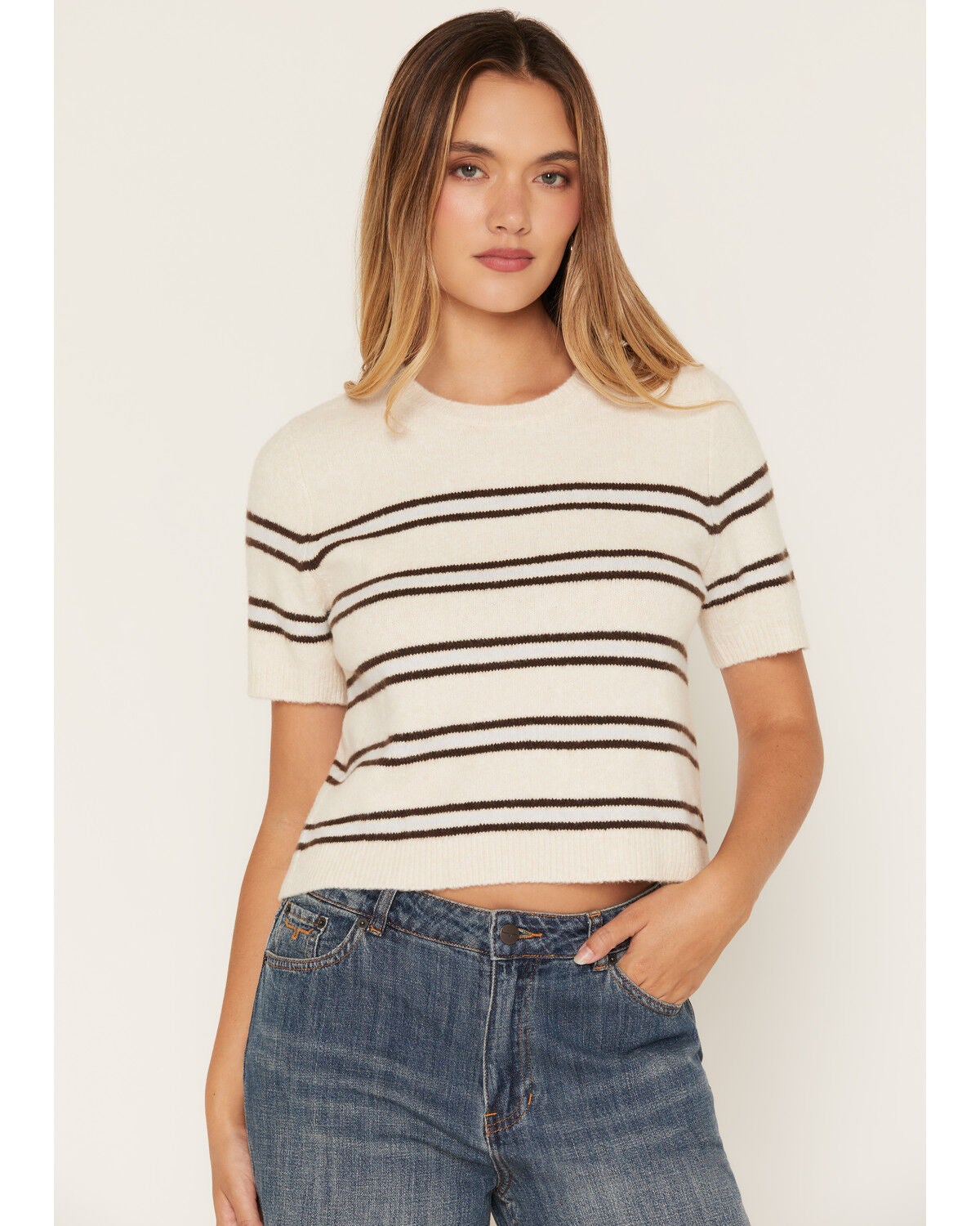 Image #1 - Z Supply Women's Striped Short Sleeve Sweater, Oatmeal, hi-res