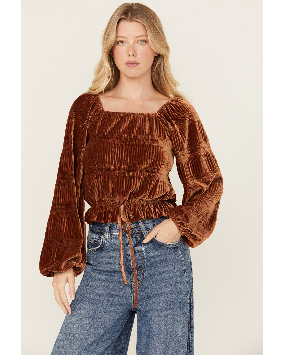 Image #1 - Rock & Roll Denim Women's Velvet Cinch Front Long Sleeve Blouse, Rust Copper, hi-res