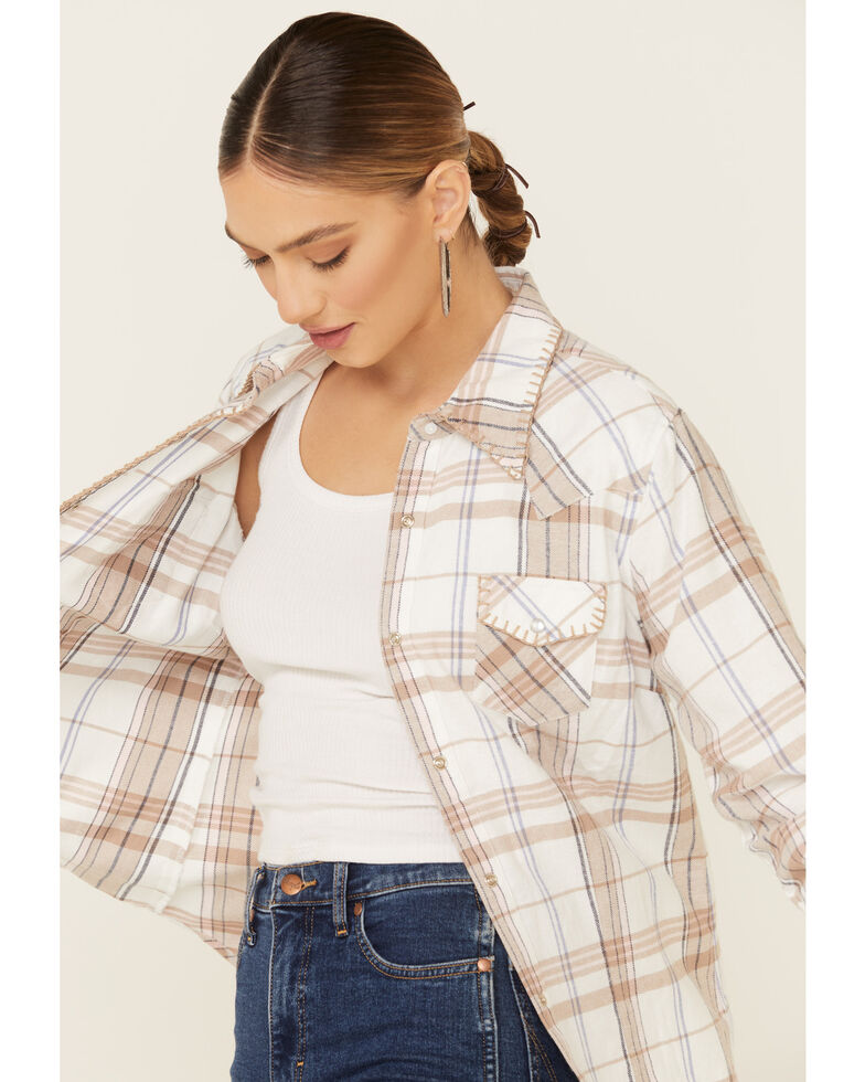 Nikki Erin Women's Whipstitch Plaid Long Sleeve Western Flannel Shirt , Ivory, hi-res