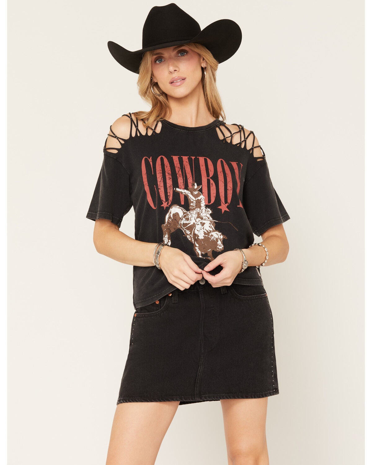 Nikxie Women's Icon Cut Out Shoulders Short Sleeve Graphic Tee, Black, hi-res